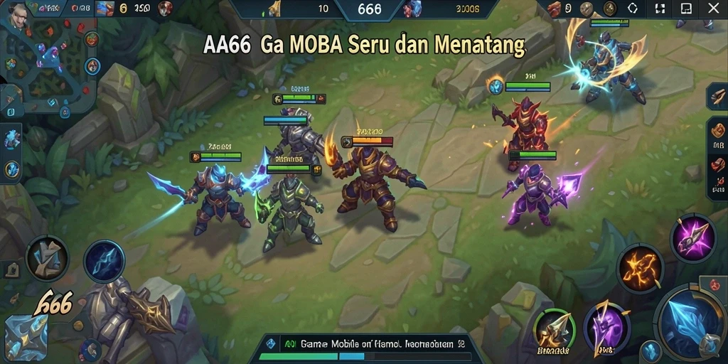 Tangkapan layar gameplay AA666 dengan aksi pertarungan MOBA yang seru.