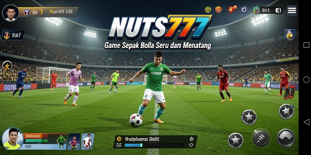 Screenshot gameplay NUTS777 yang menampilkan aksi sepak bola yang dinamis.