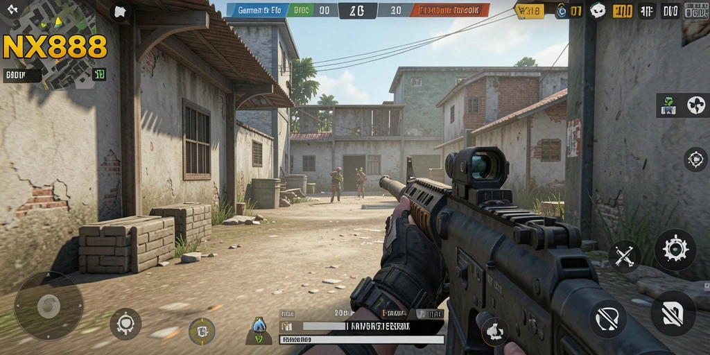 Tampilan seru gameplay <strong>NX888</strong> dalam aksi menembak penuh ketegangan.