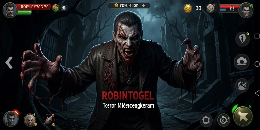 Tampilan gameplay menegangkan di ROBINTOGEL, menampilkan suasana horor yang mencekam.